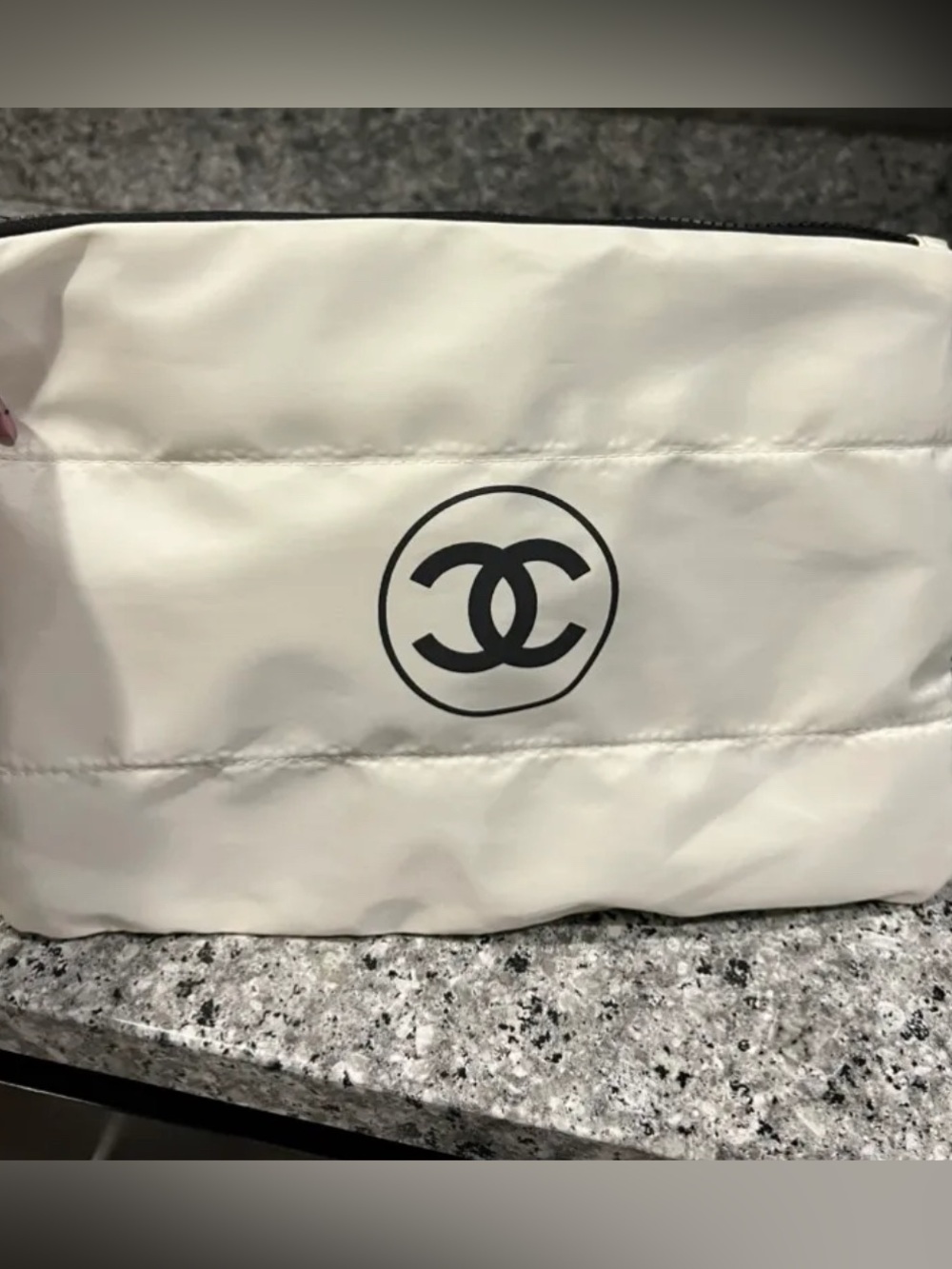 CHANEL White Cosmetic Pouch with Black Double C Logo